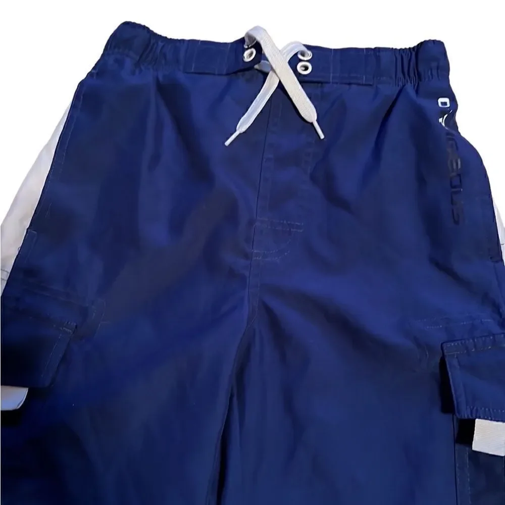 O’Rageous Boys M 10-12 Navy & White Swim Trunk Board Shorts with White Stripe